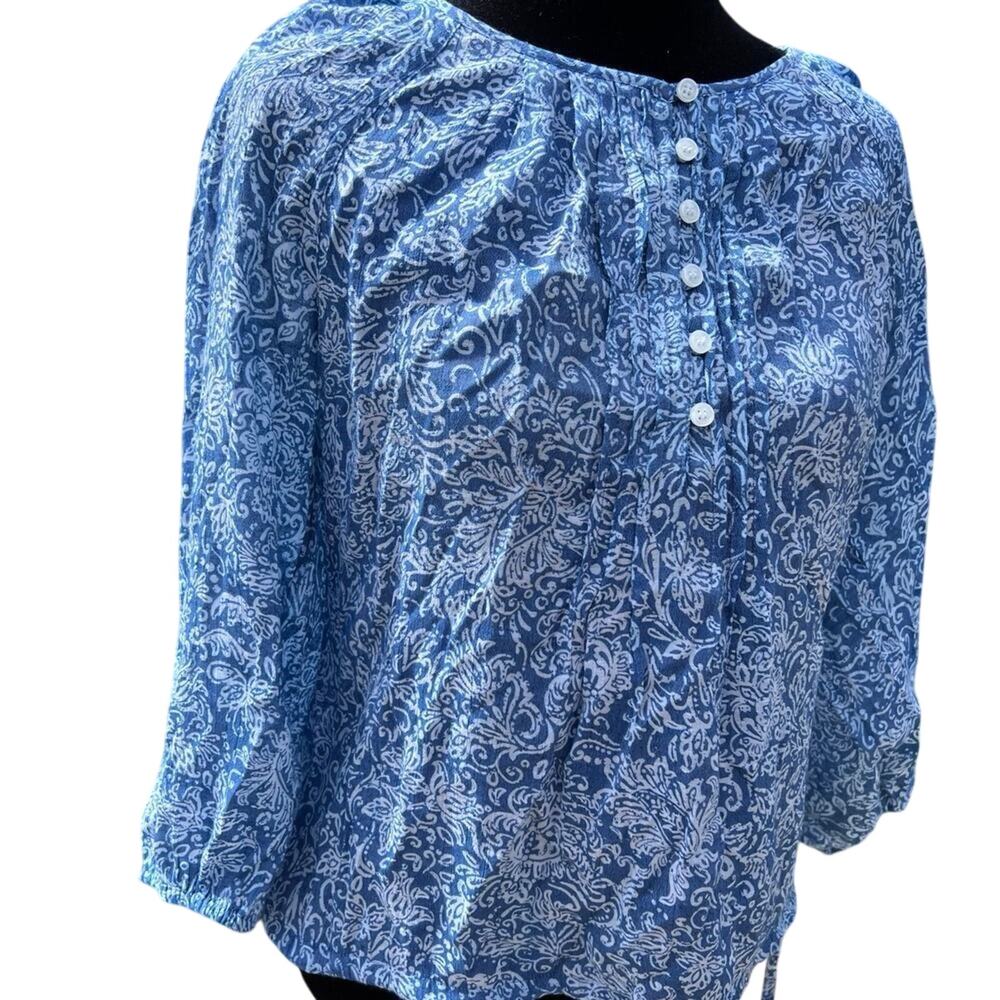 Women’s size M blouse, blue print, long sleeve, drawstring waist, henley style